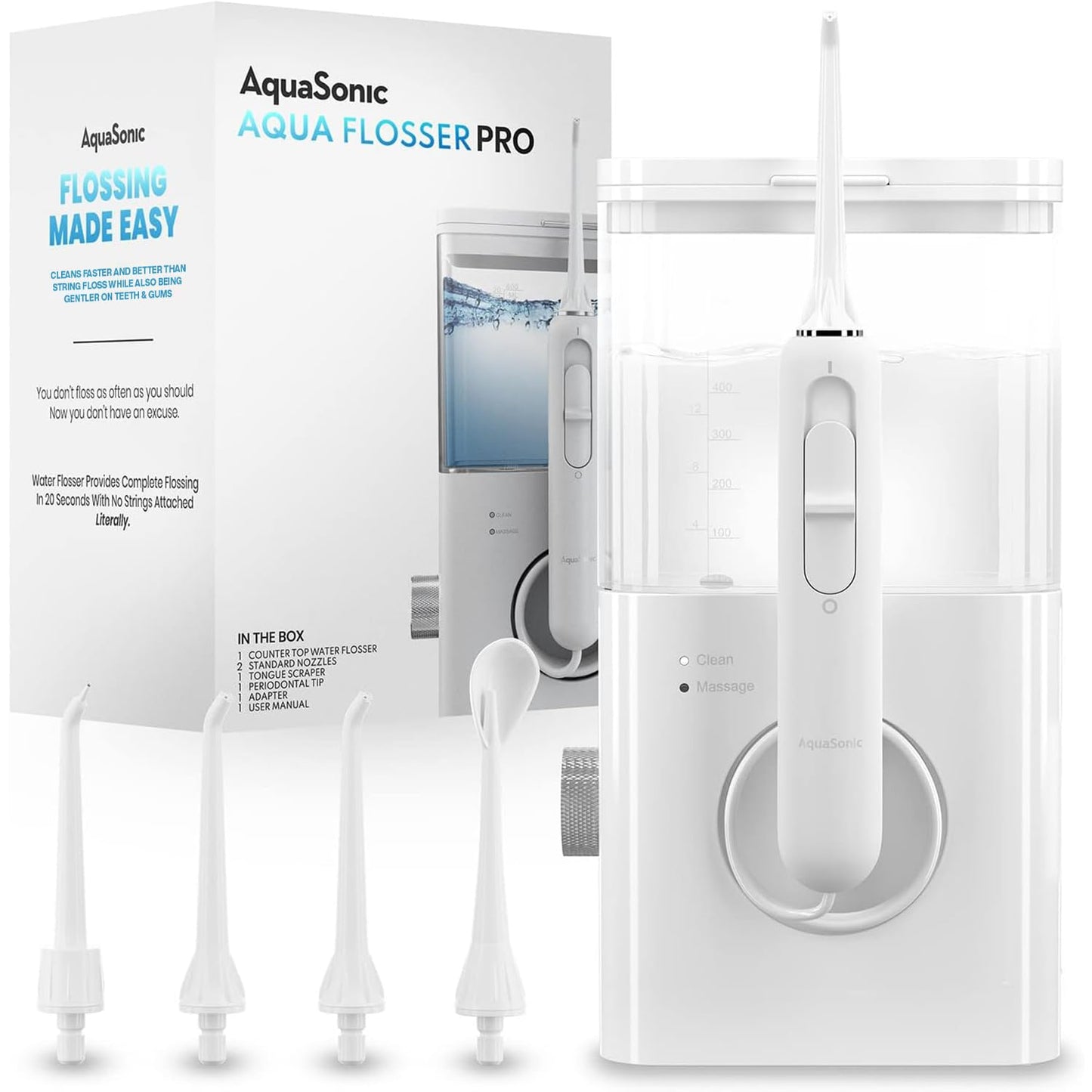 AquaSonic Aqua Flosser PRO | Professional Water Flosser with Large Capacity Reservoir | Oral Irrigator w/ 2 Modes, 10 Levels of Water Pressure, 4 Included Tips | Sleek & Compact
