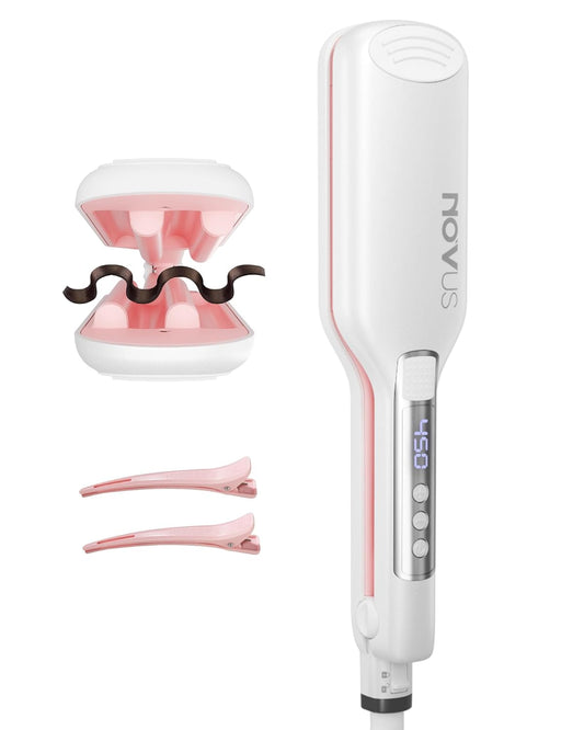 NOVUS Hair Crimper Waves and 4-Barrel Wave Curling Iron, Shallow Wave Hair Curlers Hot Tool with Ceramic, 0.6 Inch Beach Waves Curling Wand, Hair-Type Adjustable Heat