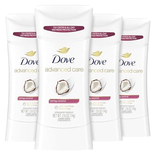 Dove Advanced Care Antiperspirant Deodorant Stick Caring Coconut 4 ct for helping your skin barrier repair after shaving 72-hour odor control and sweat protection with Pro-Ceramide Technology 2.6 oz