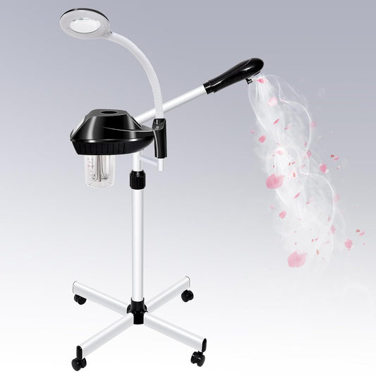 Professional Facial Steamer, 2 in 1 Facial Steamer with 5X Magnifying Lamp for Deep Cleansing and Hydration, Face Steamer on Wheels with Time Setting, Estheticians Steamer for Spa, Salon and Home Use