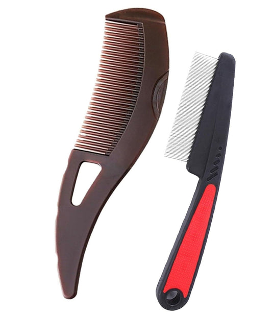 Dandruff Comb Fine Tooth Scalp Detox Comb Lice for Women, Men & Kids Stainless Steel Scalp Detoxing, Sweep & Massage Hair Brush Tool for Hair Care (Brown+Red)