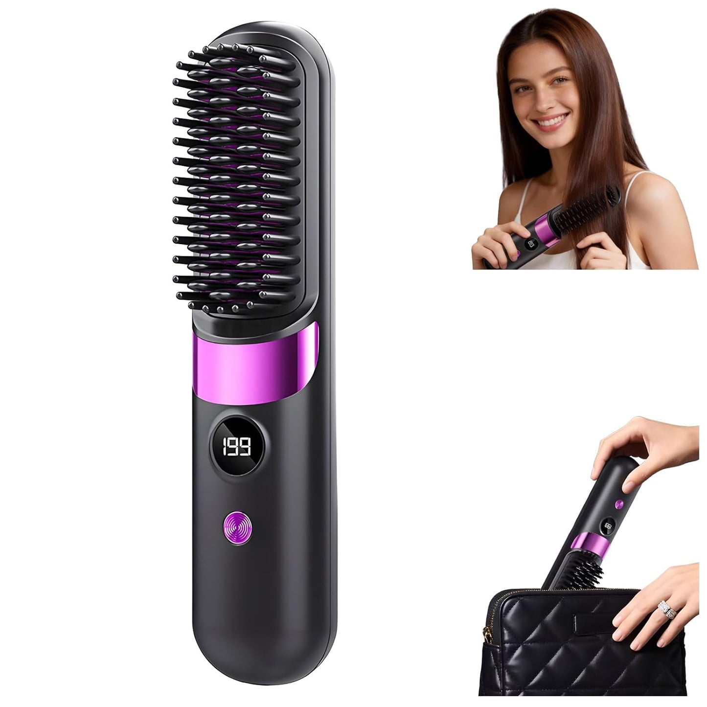 Brush Pro, Portable Wireless Straight Hair Comb, Straightener Brushs for Travel with LCD Temperature Display, Hair Straightener Fast Heating Cordless Mini Hair Brushs (Black)