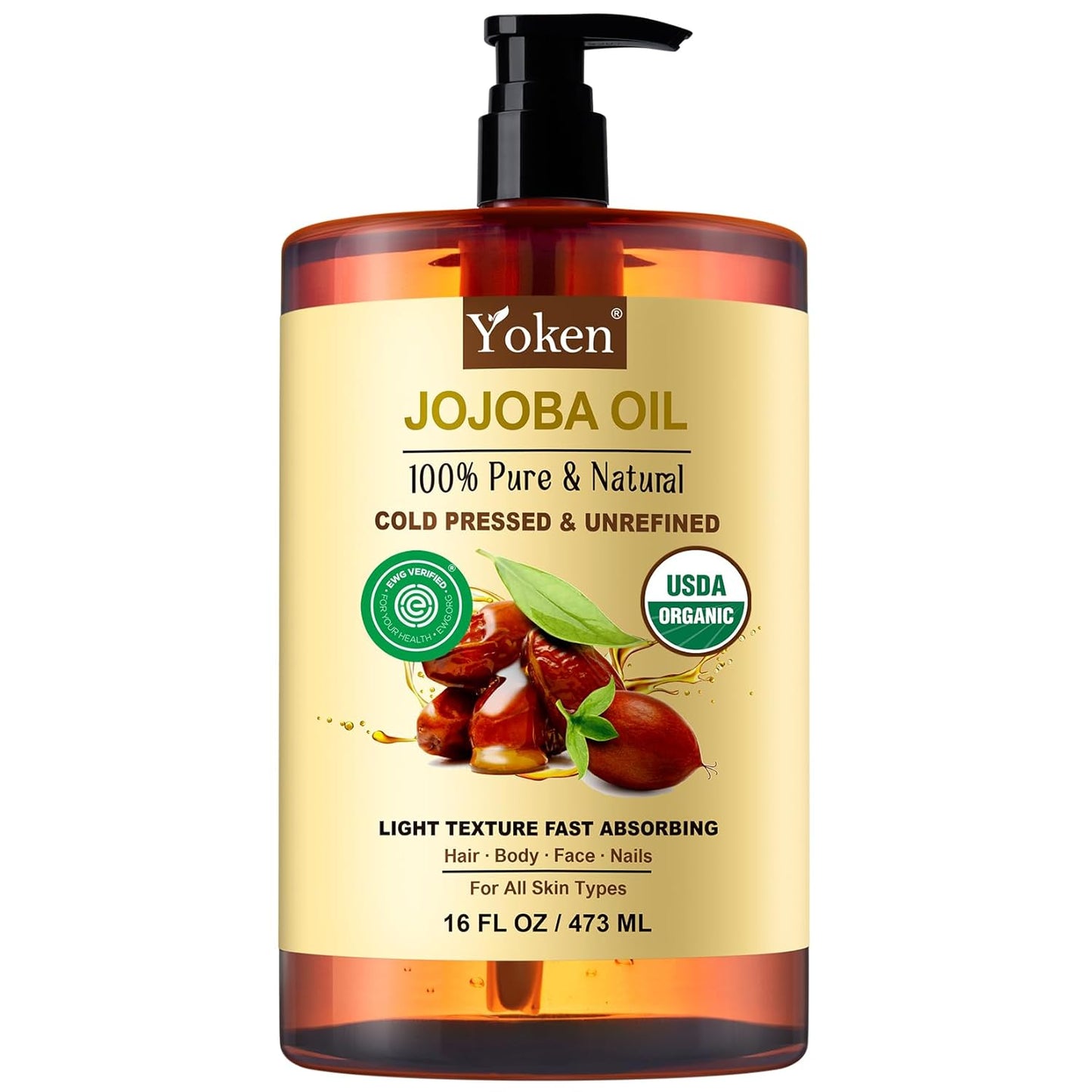 Pure Jojoba Oil Organic USDA Certified 16 fl oz, 100% Natural Jojoba Oil for Hair, Skin & Face, Cold Pressed Unrefined, Deeply Body Moisturizer Jojoba Carrier Oils for Essential oil Mixing