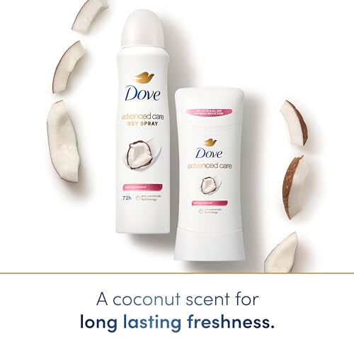 Dove Advanced Care Antiperspirant Deodorant Stick Caring Coconut 4 ct for helping your skin barrier repair after shaving 72-hour odor control and sweat protection with Pro-Ceramide Technology 2.6 oz