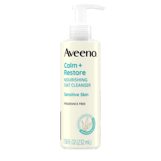 Aveeno Calm + Restore Nourishing Oat Cleanser, Daily Hydrating Facial Cleanser & Face Wash for Sensitive Skin, Non-Foaming, Hypoallergenic, Non-Comedogenic, Fragrance-Free, with Feverfew, 7.8 fl oz