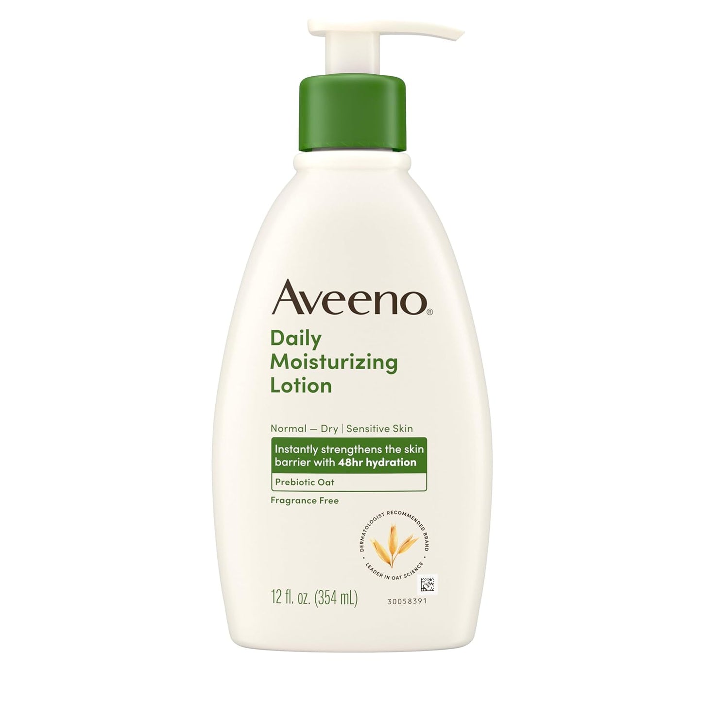 Aveeno Daily Moisturizing Body Lotion with Soothing Prebiotic Oat, Gentle Lotion Nourishes Dry Skin With Moisture, Paraben-, Dye- & Fragrance-Free, Non-Greasy & Non-Comedogenic, 12 fl. Oz