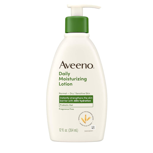 Aveeno Daily Moisturizing Body Lotion with Soothing Prebiotic Oat, Gentle Lotion Nourishes Dry Skin With Moisture, Paraben-, Dye- & Fragrance-Free, Non-Greasy & Non-Comedogenic, 12 fl. Oz