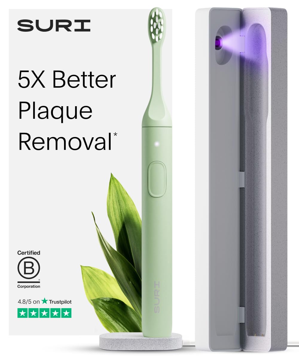 SURI 1.0 Sonic Electric Toothbrush with UV Cleaning Travel Case | 1 Month+ Battery | Designed in California | Electric Toothbrush for Adults | Travel Toothbrushes | Tooth Brush | Green