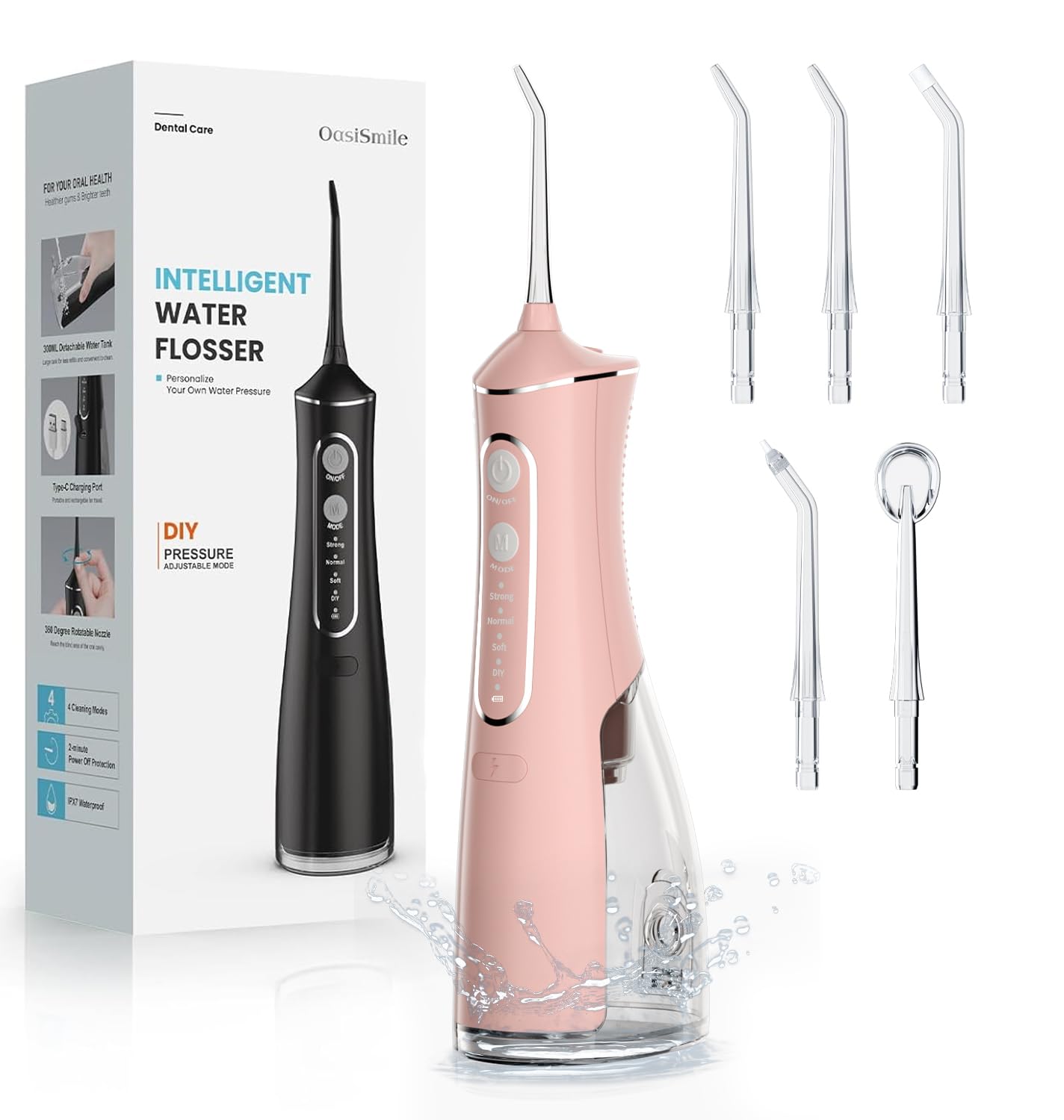 Water Flosser for Teeth Cleaning, 300ML Portable Cordless Oral Irrigator with DIY Strength, 4 Modes, IPX7 Waterproof & 30-Day Battery, 2-Min Smart Timer for Home/Travel Dental Care, Rose Gold