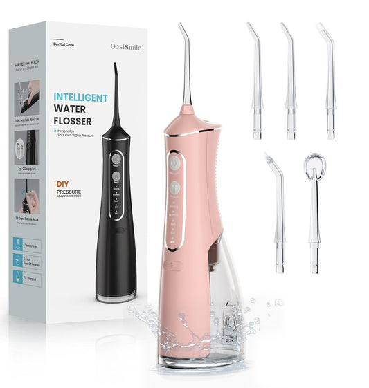 Water Flosser for Teeth Cleaning, 300ML Portable Cordless Oral Irrigator with DIY Strength, 4 Modes, IPX7 Waterproof & 30-Day Battery, 2-Min Smart Timer for Home/Travel Dental Care, Rose Gold