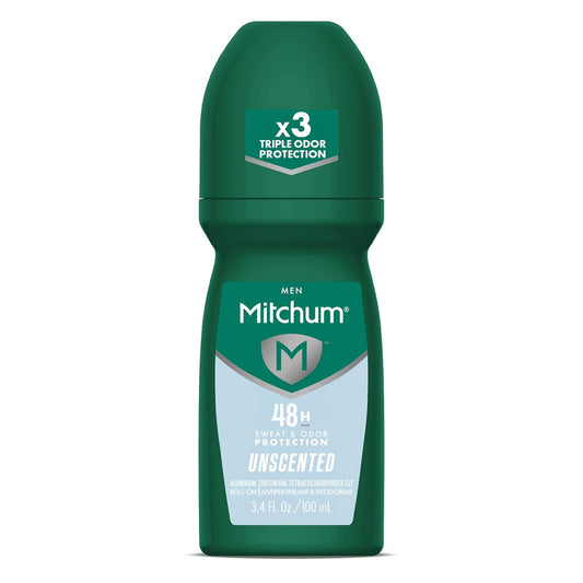 Mitchum Men’s Antiperspirant Deodorant, Roll-On Applicator, Unscented, 48HR Sweat & Odor Protection, Quick-Drying Formula, Dermatologist Tested, 3.4 oz