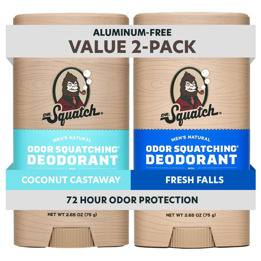 Dr. Squatch Natural Men’s Deodorant – Aluminum Free Natural Deodorant Men with Charcoal & Postbiotics for 72-Hour Odor Protection – Coconut Castaway + Fresh Falls, 2.65oz Stick (2-Pack)