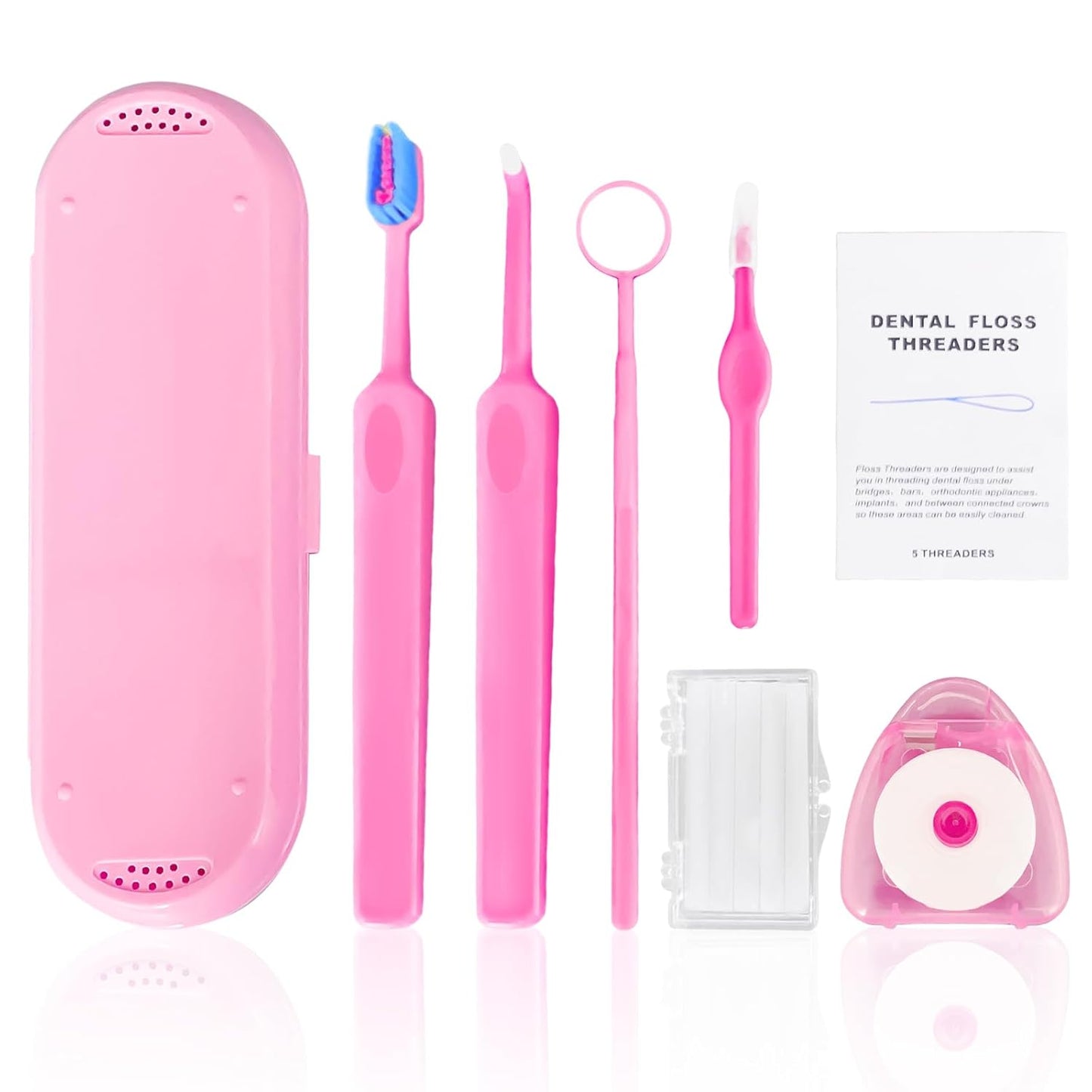 7-in-1 Orthodontic Oral Care Kit with Case – Toothbrush, End Tuft Toothbrush, Dental Mirror, Interdental Brush, Dental Floss and Threaders, Dental Wax, Portable Hygiene Set for Braces Daily Use (Pink)