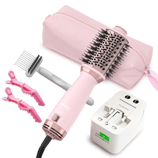 Travel Dual Voltage Hot Air Brush | 4 in 1 MIni Hair Dryer Brushes | 2 Inch Blow Dryer Brush with Storage Bag Global Adapter | One Step Volumizer Small Hair Dryer and Styler for All Hair Types