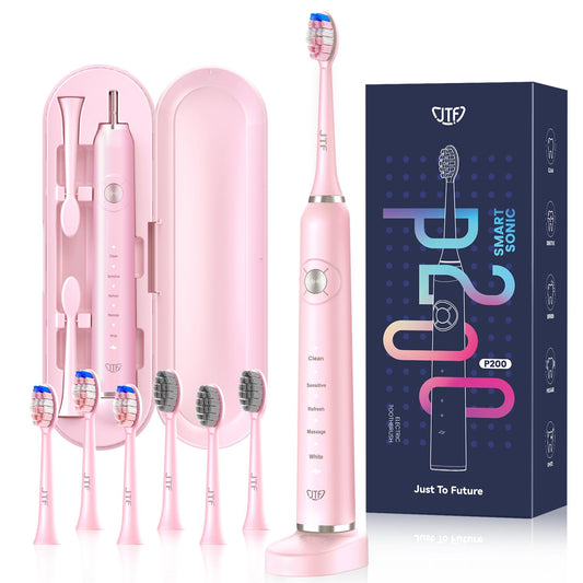 JTF Sonic Electric Toothbrush for Adults: 5 Modes with Smart Timer for Deep Cleaning & Whitening, 2 Brush Head Types for Sensitive Teeth, Gums & Braces, Travel-Friendly Case and Wireless Charging Base