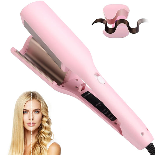 Hair Crimper, Waver Curling Iron Hair Styling Tool with Negative Ionic Technology Crimper Hair Tool for Creating Smooth Waves, French Anti-Scald Wave 32mm Curling Iron for Short Hiar, Pink