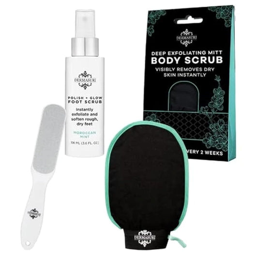 Dermasuri - Deep Exfoliating Body Scrub & Foot Scrub Set Bundle - Shower Body Exfoliator Glove, Spa Exfoliation Mitt & Exfoliating Feet Spray - Dry Skin Remover Sole File - Skin Care Spa Treatment Pro