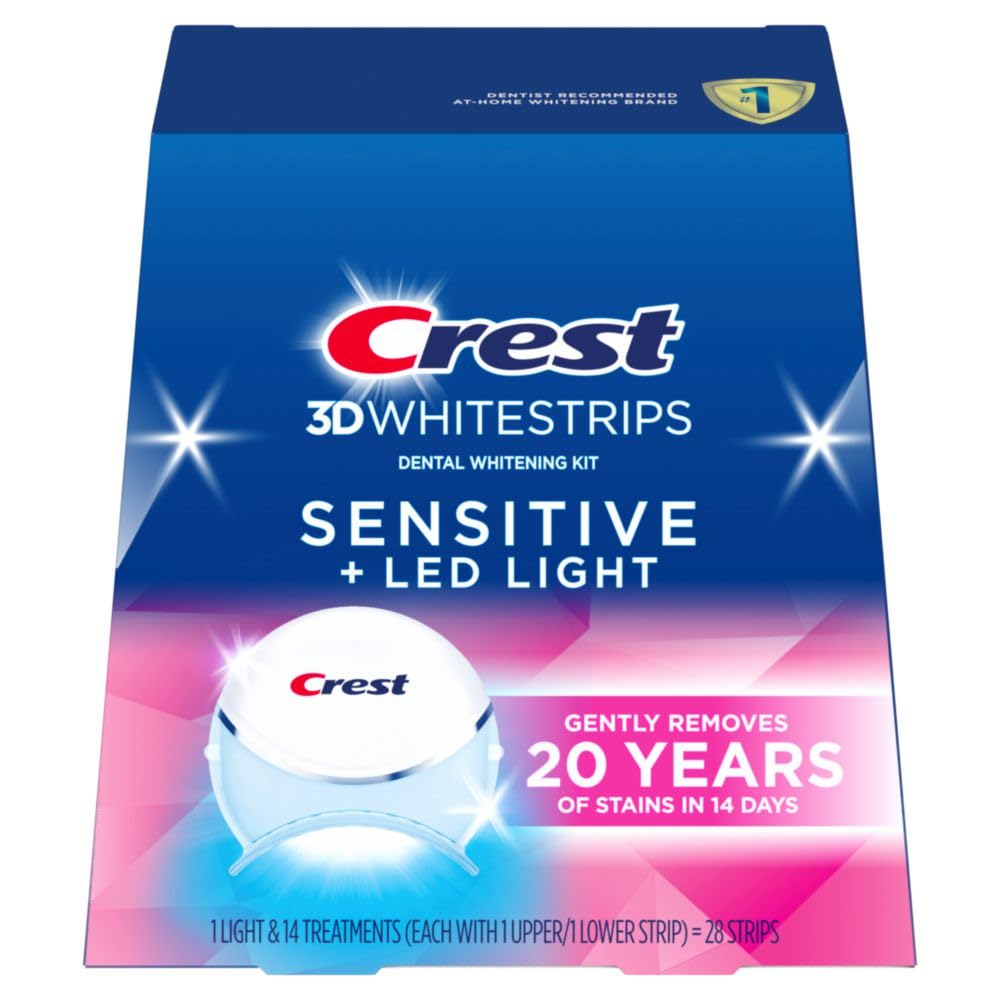 Crest 3D Whitestrips Sensitive & Gentle + LED Light – Teeth Whitening Kit, 1 Light + 14 Treatments, Each with 1 Upper/1Lower, 28 Strips – Crest 3DWhite Teeth Whitening Strips