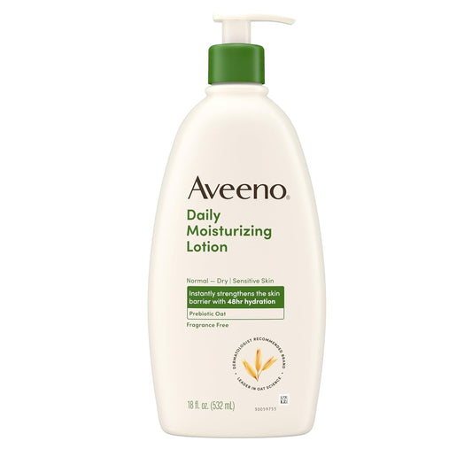 Aveeno Daily Moisturizing Body Lotion, Body Lotion for Dry Skin with Prebiotic Oat, Paraben Free, Fragrance Free, Non-Greasy, Non-Comedogenic Moisturizer, 18 FL OZ
