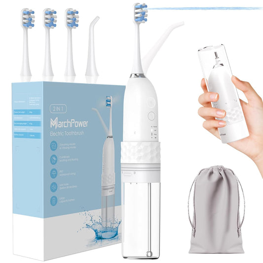 Marchpower Upgraded 2-in-1 Electric Toothbrush with Water Flosser, 3+4 Smart Modes，Portable Oral Irrigator with Point-Jet, Rechargeable IPX7 Waterproof for Home & Travel Use，White