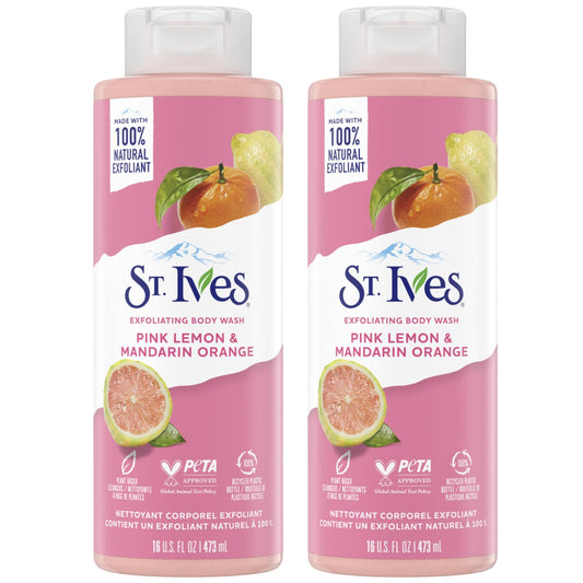 St. Ives Exfoliating Body Wash, Pink Lemon & Mandarin Orange 2-Pack – Made with 100% Natural Exfoliants for Glowing Skin, 16 Oz Ea