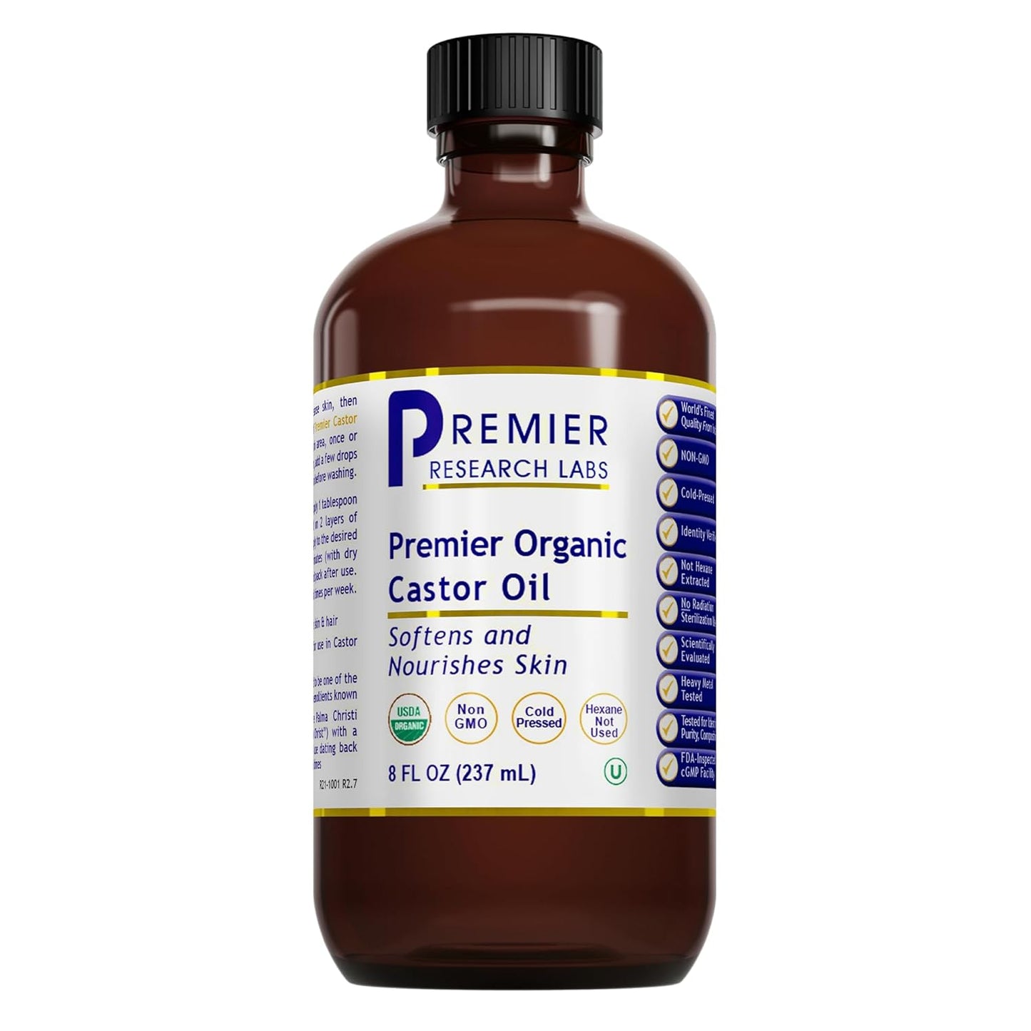 Premier Research Labs Organic Castor Oil for Face - Cold Pressed 100% Pure Castor Oil for Hair Growth, Skin & Body, Hexane Free - 8 Oz Bottle