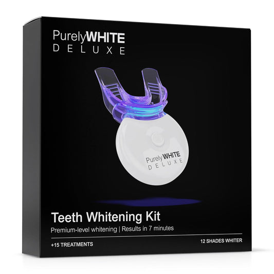 PurelyWHITE DELUXE Teeth Whitening Kit, Complete LED Teeth Whitening, 15+ Treatments, (3) 3ml Whitening Gel Syringes, Whiter Smile in 7 Minutes