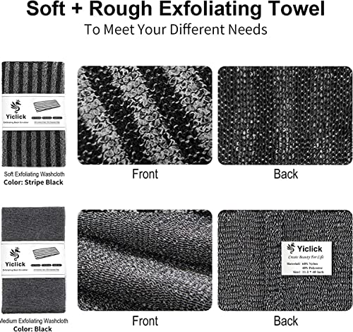 Yiclick Exfoliating Body Scrubber, Back Scrubber for Shower Bath, Japanese Scrub Wash Cloth, Exfoliating Washcloth Towel for Men Women, Body Exfoliator Loofah Luffa Sponge Net Rag Back Washer (Black)