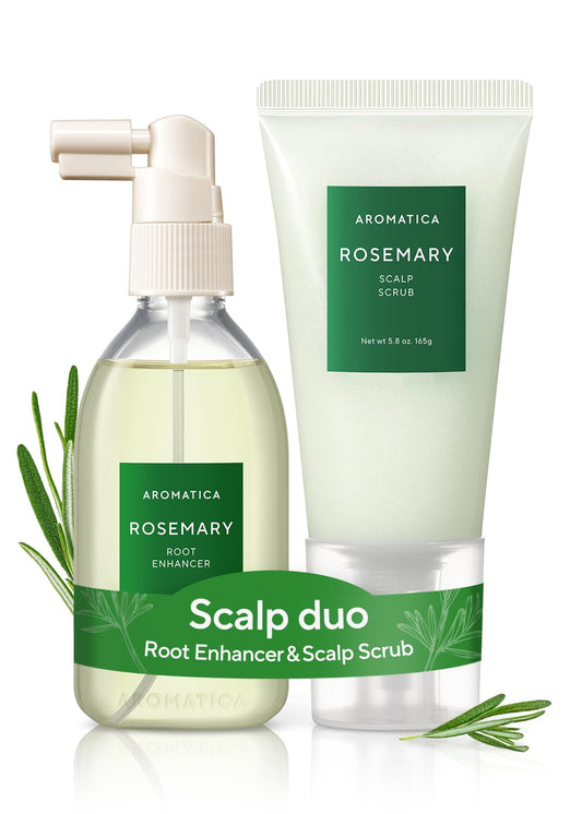 AROMATICA Rosemary Root Enhancer And Scalp Scrub Korean Hair Care Set - Rosemary Water Spray and Scalp Exfoliator for Dry Scalp Treatment, Rosemary Oil Scalp Care, valentines day gifts