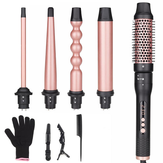 5 in 1 Curling Iron Brush Set with Thermal Brush and 4 Interchangeable Ceramic Curling Wand(0.5”-1.25”), Fast Heating, Dual Voltage, Include Glove