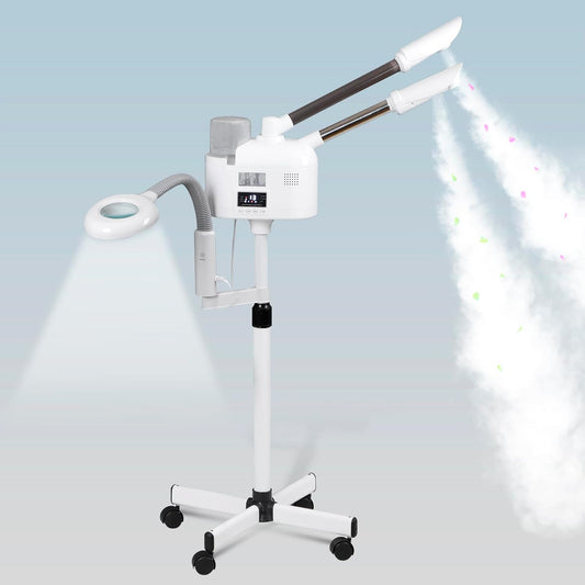 Professional 3 in 1 Facial Steamer Deep Cleaning Ozone Facial Steamer with 5X Magnifying Light & Rolling Wheels Hot/Cold Mist Function for Salon Spa Home Beauty Equipment, White