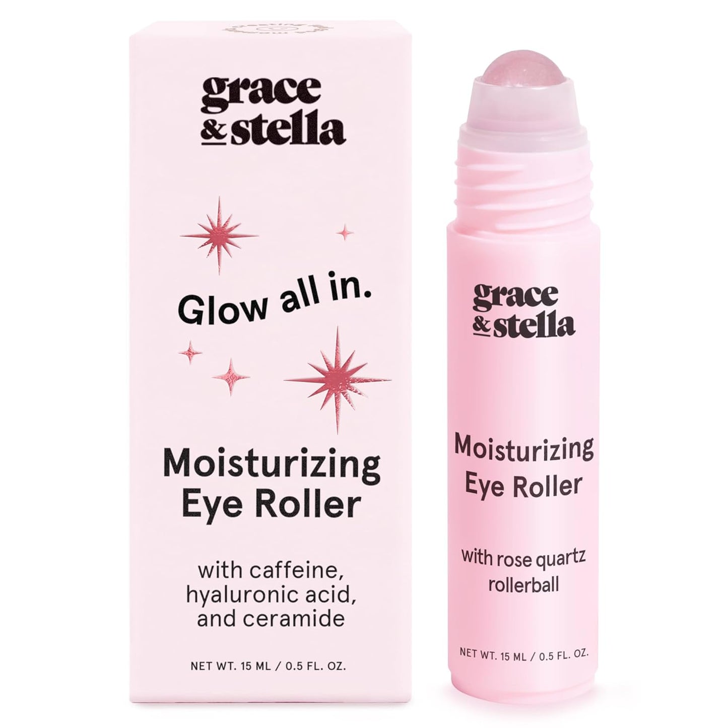 grace & stella Under Eye Brightener with Rose Quartz Rollerball - Hyaluronic Acid & Caffeine Eye Serum for Dark Circles & Puffiness - Valentines Day Gifts, Travel Size Toiletries (15ml / 0.51floz)