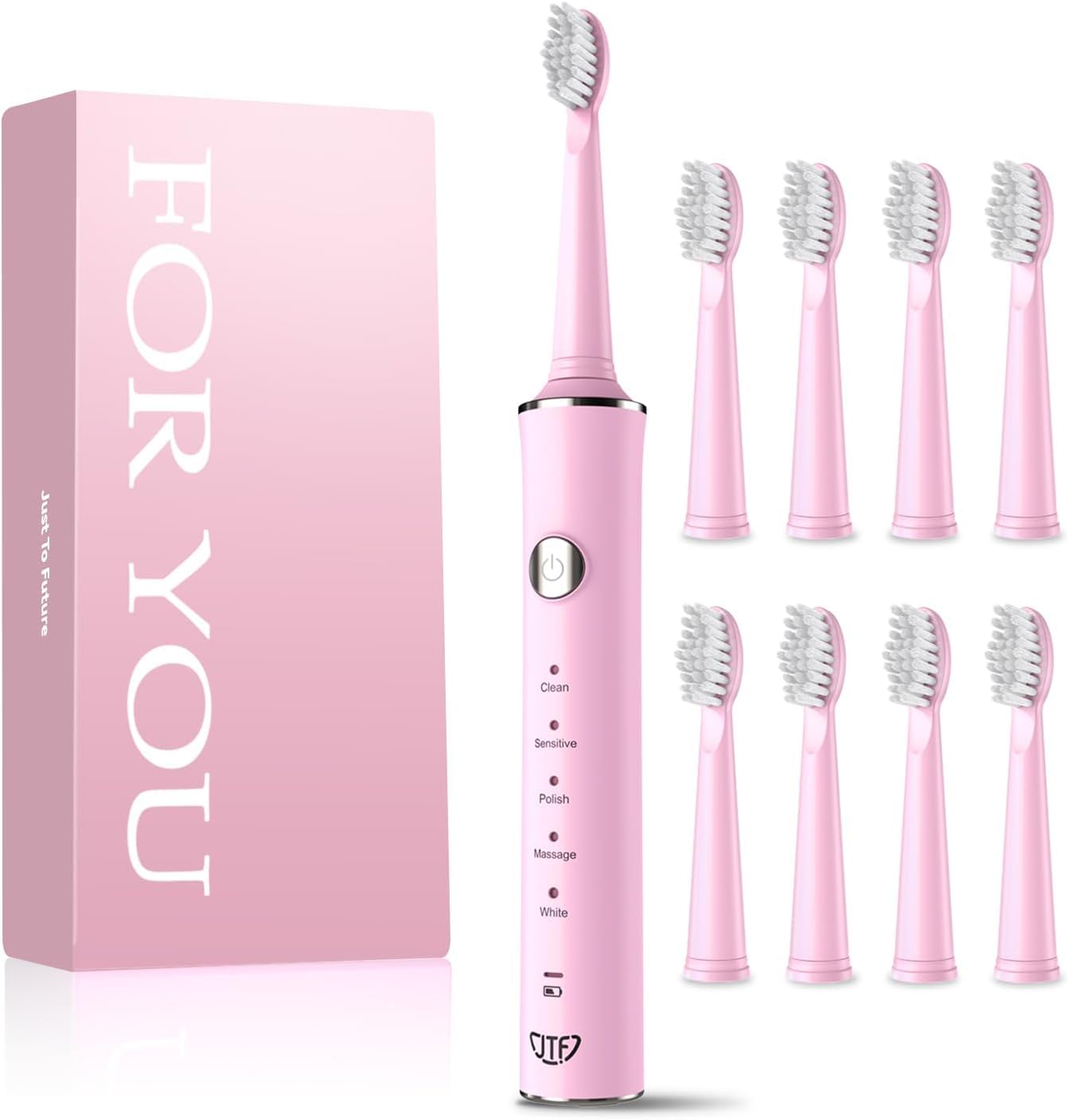 JTF Sonic Electric Toothbrush for Adults & Kids: 5 Modes for Sensitive Teeth, Effective Yet Gentle Cleaning - with 8 Brush Heads & Smart Timer, Rechargeable Portable for Daily Care, Home & Travel Use