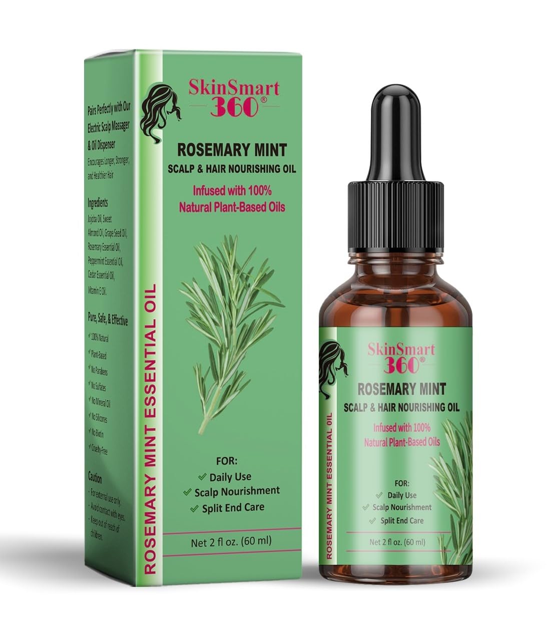 SkinSmart 360® Rosemary Mint Hair Growth Oil & Scalp Care for Men & Women – 100% Natural, Plant-Based, Non-Greasy Formula for Hair, Eyebrows & Lashes – 60 mL