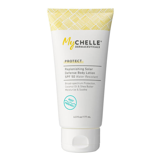 MyCHELLE Dermaceuticals Replenishing Solar Defense Body Lotion SPF 50 (6 Fl Oz) - Moisturizing Reef Safe Sunscreen with Coconut Oil and Shea Butter - Water Resistant for 80 Minutes