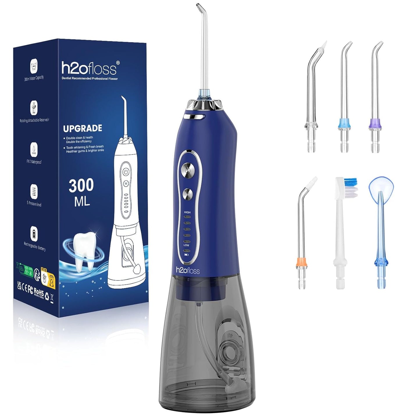 H2ofloss Water Dental Flosser Pick for Teeth: 5 Modes Cordless Portable 300ML Larger Tank Water Teeth Cleaner IPX7 Waterproof Flossing Cleaning Picks for Home Travel Dark Blue