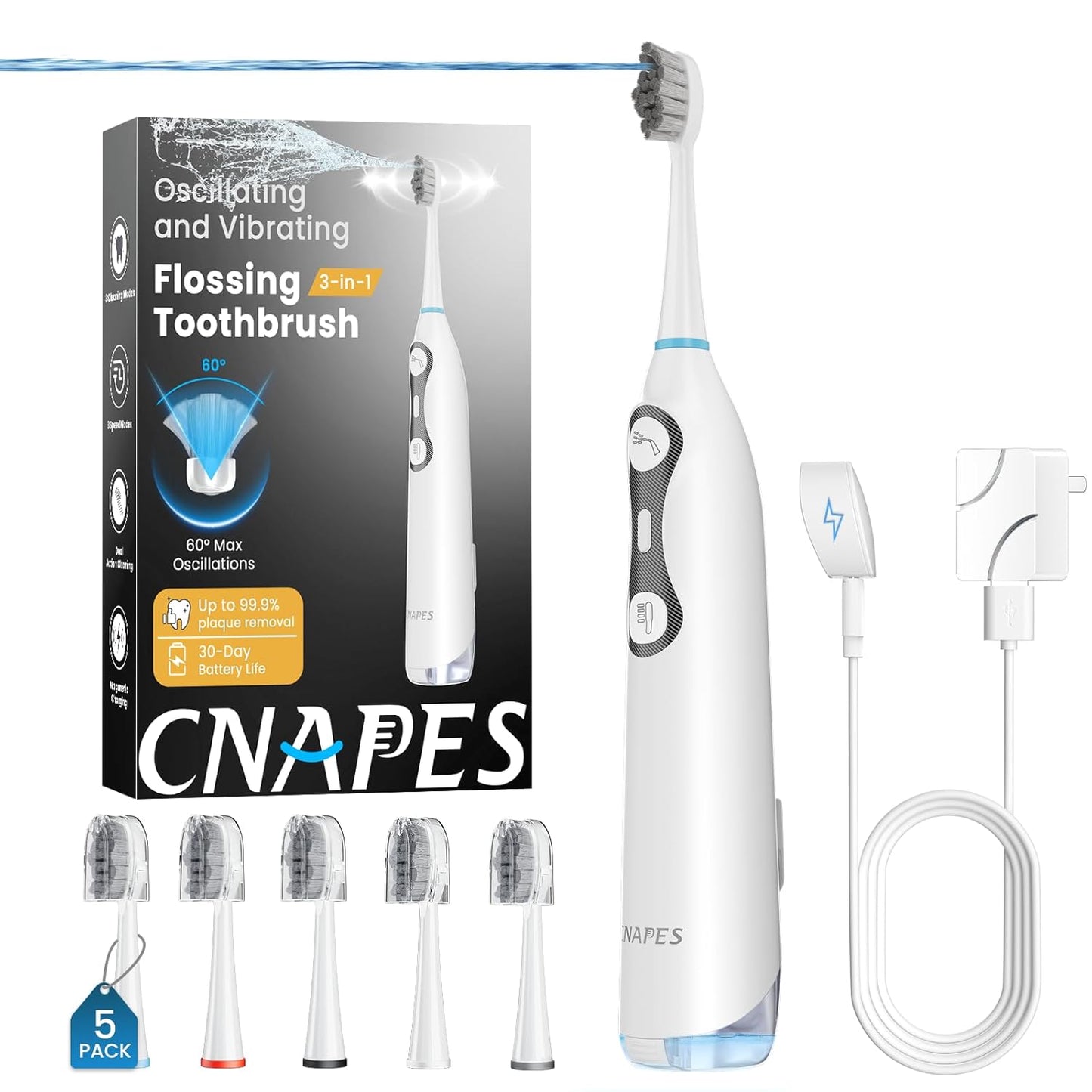 3-in-1 Flossing Toothbrush – Flosses, Vibrates and Oscillates, Electric Toothbrush with Water Flosser for Adults, 5 Brush Heads, 3 Modes for Plaque Removal, Sensitivity & Braces, Travel - White
