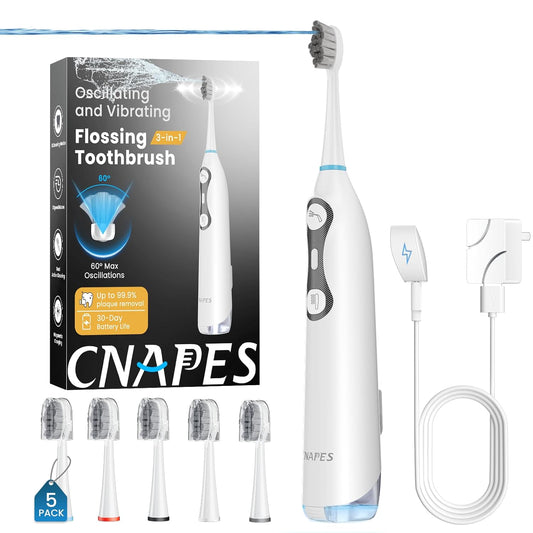 3-in-1 Flossing Toothbrush – Flosses, Vibrates and Oscillates, Electric Toothbrush with Water Flosser for Adults, 5 Brush Heads, 3 Modes for Plaque Removal, Sensitivity & Braces, Travel - White