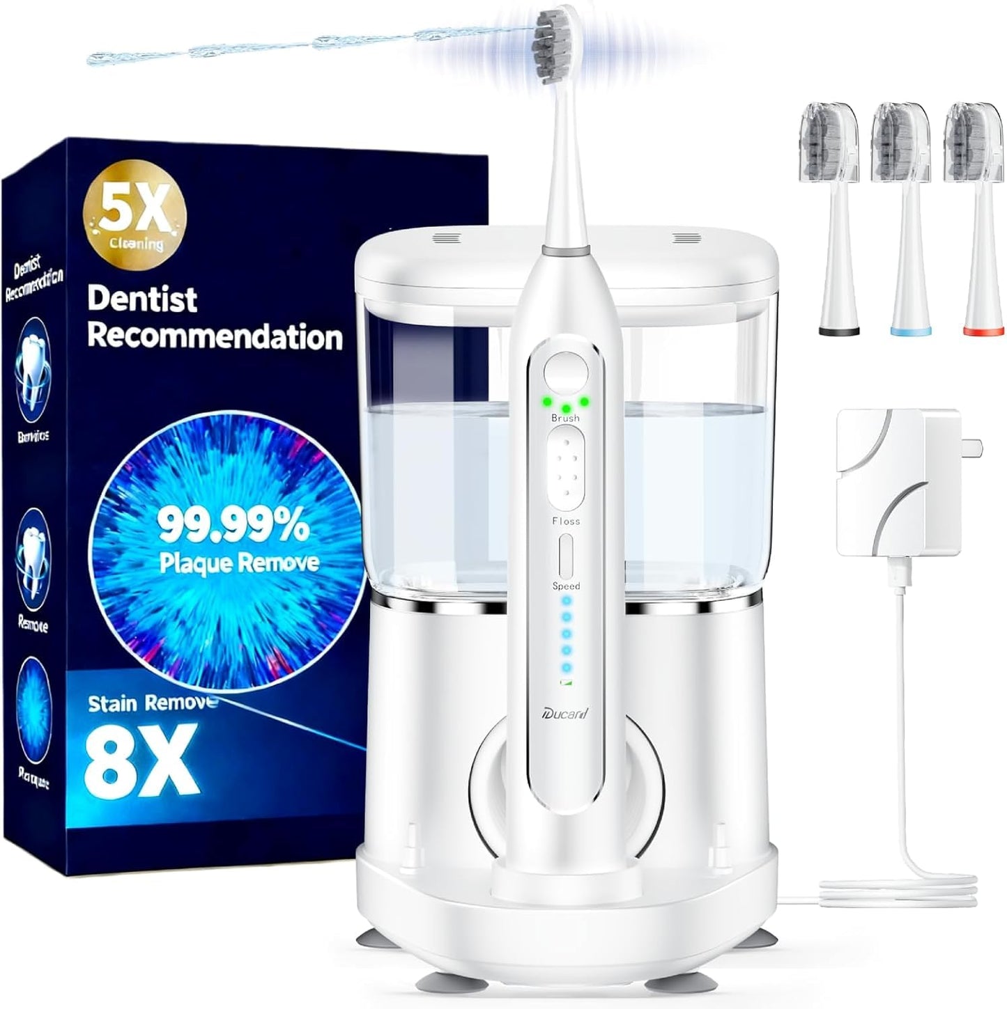 Electric Toothbrush with Water Flosser, Upgrade Flossing Toothbrush Combo with 3 Brush, 5 Floss Speeds& 3 Brush Modes, 500mL Tank, 30-Day Battery, for Adults & Teens, Gums, Braces-White