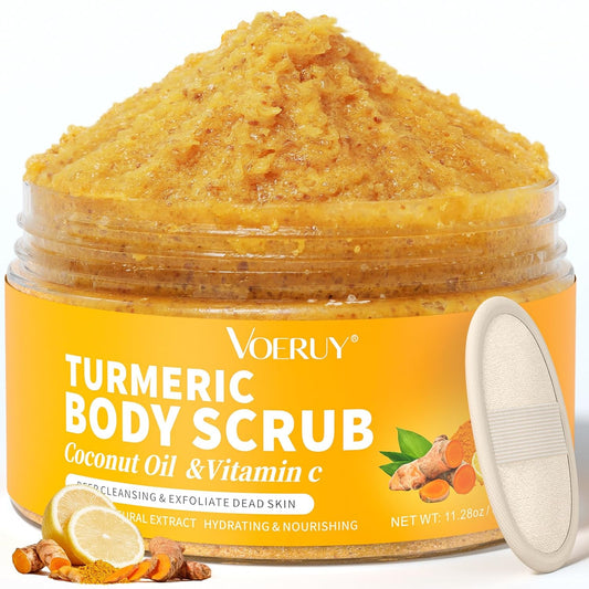 VOERUY Body Scrub, Turmeric Exfoliating Body Scrub, with Coconut Oil & Vitamin C, Bikini Area Exfoliator Gently Exfoliate Body Hand and Foot Scrub, Moisturized Skin for Women and Men, 11.28oz/320g