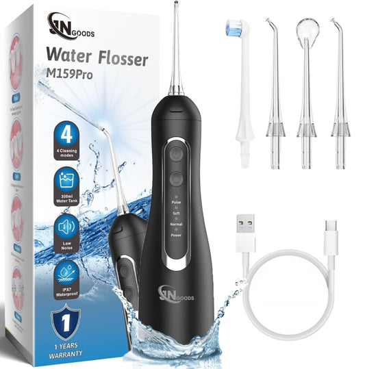 Cordless Water Dental Flosser Oral irrigator,JNGOODS 300ml Rechargeable Water flosser for Teeth IPX7 Waterproof 4 Modes Portable Oral Irrigator with 4 Jet Tips, Travel Home use