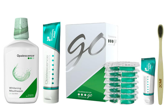 Opalescence Go Teeth Whitening Kit 15% Hydrogen Peroxide 7 Treatments with Sensitive Toothpaste 4.7 oz and 1 oz Travel Size Plus Alcohol Free Mouthwash and Toothbrush -5167-5447-6288T