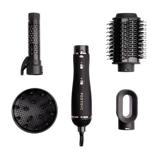 Foxybae Super Styler – 4-in-1 Blow-Dryer Brush Set - Diffuser, Blowout-Brush, 1.25” Curling Barrel & Drying Cylinder - Voluminous, Frizz-Free Hair - Dryer, Straightener & Curler (Black Rose-Gold)