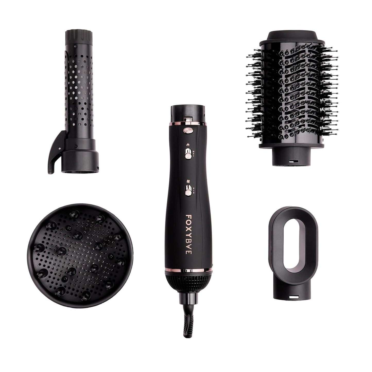 Foxybae Super Styler – 4-in-1 Blow-Dryer Brush Set - Diffuser, Blowout-Brush, 1.25” Curling Barrel & Drying Cylinder - Voluminous, Frizz-Free Hair - Dryer, Straightener & Curler (Black Rose-Gold)