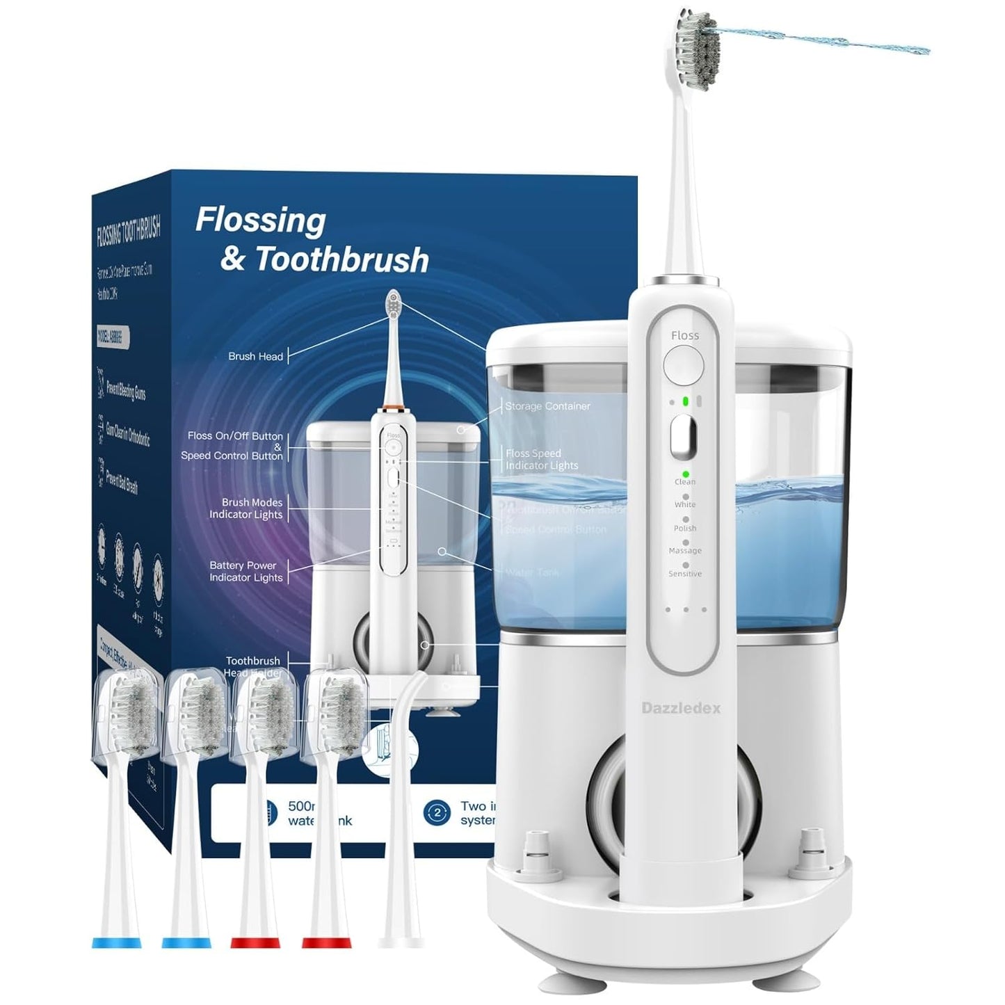 Electric Toothbrush and Water Flosser - Water Flossers for Teeth Electric Cleaning Brush with 5 Replacement Brush Heads, 5 Brush Modes, 17 Oz, 3 Stage Floss Tooth Brush 3 in 1 Teeth Cleaning Kit