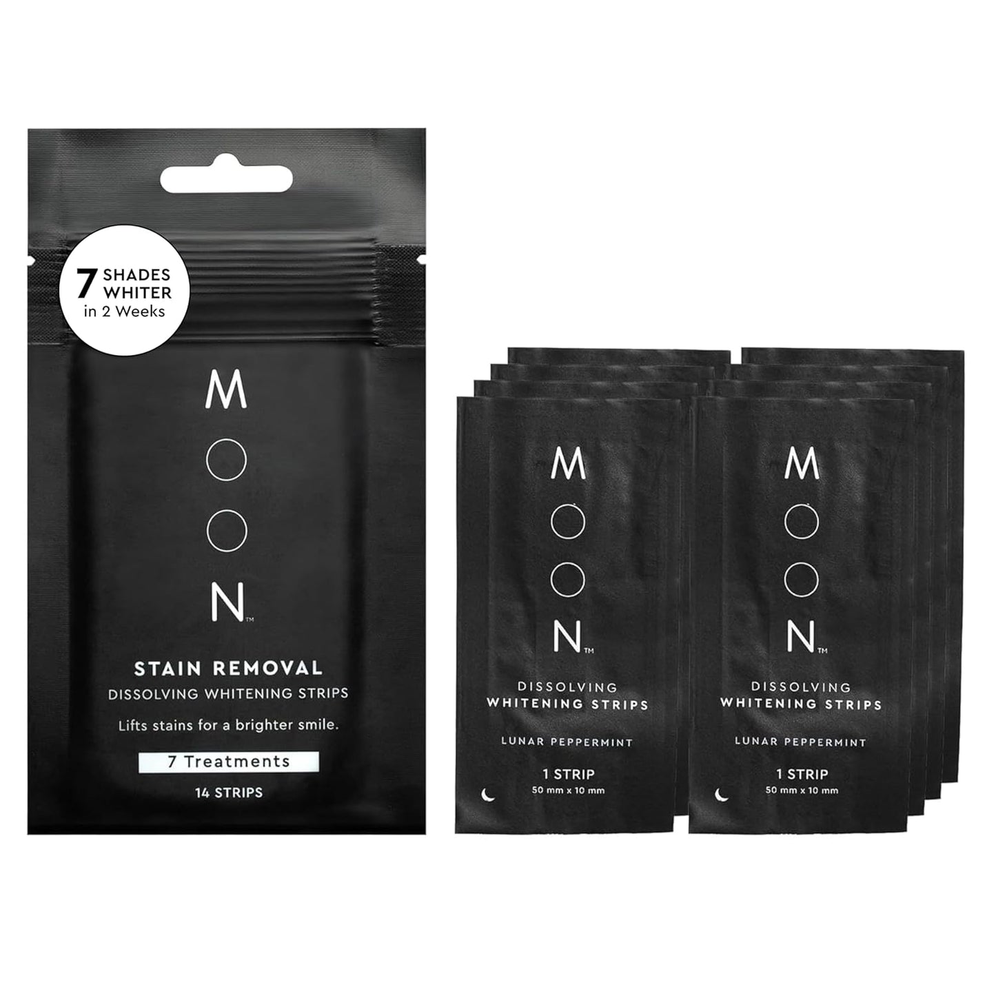 MOON Dissolving Teeth Whitening Strips, 14 No Rinse White Strips, Peppermint, Hydrogen Peroxide & Essential Oils, Whiten Sensitive Teeth up to 7 Shades in 2 Weeks, Travel Essentials, Vegan Oral Care
