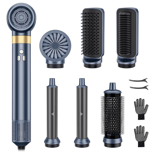 6-in-1 Hair Styler, Hair Dryer, Multi-Function Hot Air Brush Set, Ionic Blow Dryer with Interchangeable Attachments for Curling, Straightening, Volumizing, Gift for Women(Gemstone Blue)