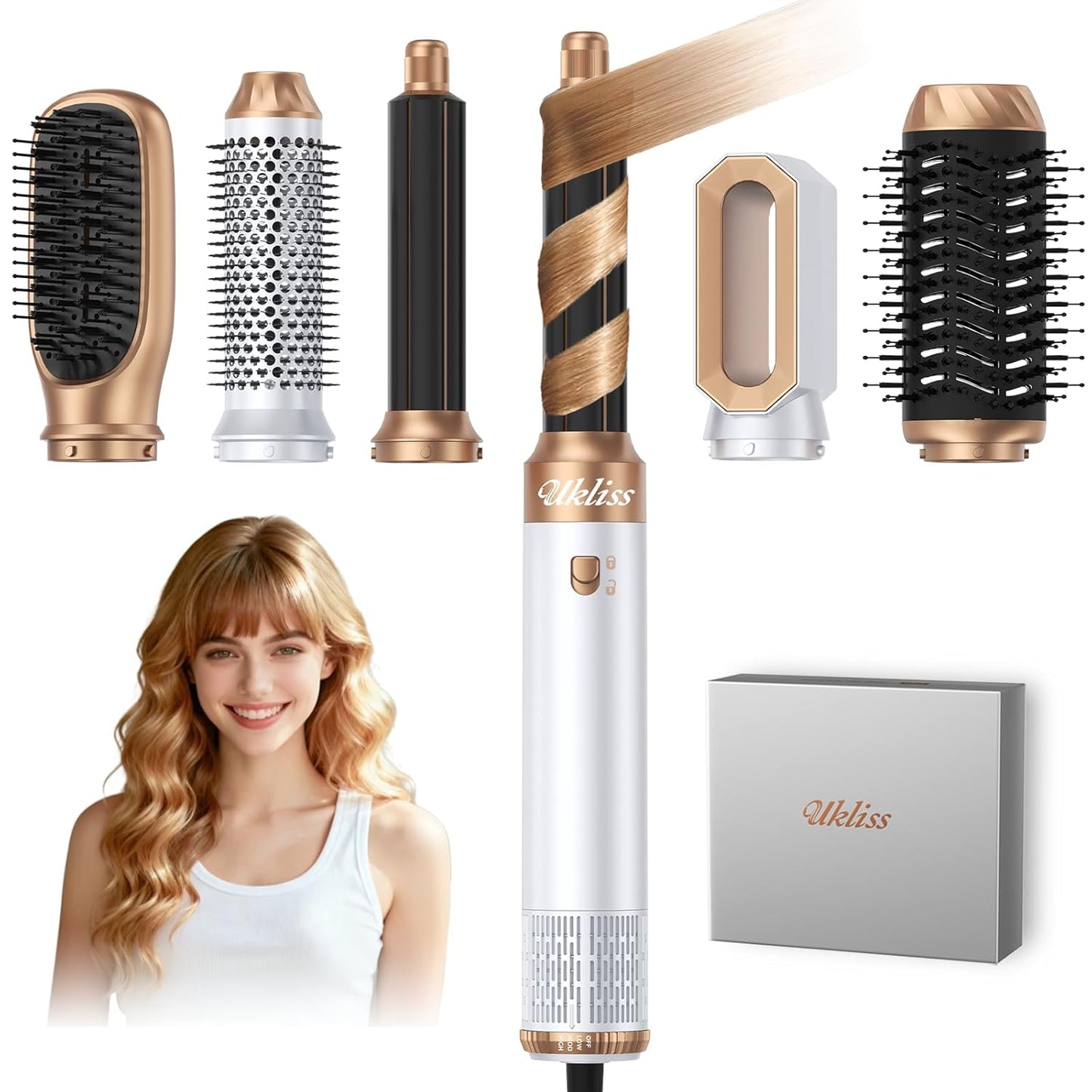 Ukliss 6 in 1 Hair Dryer Brush with Auto-Wrap Curling & ALCI Plug, Ionic Hot Air Brush for Frizz-Free Salon Blowouts at Home, 3 Heat Settings for Fine to Normal Hair, 800W