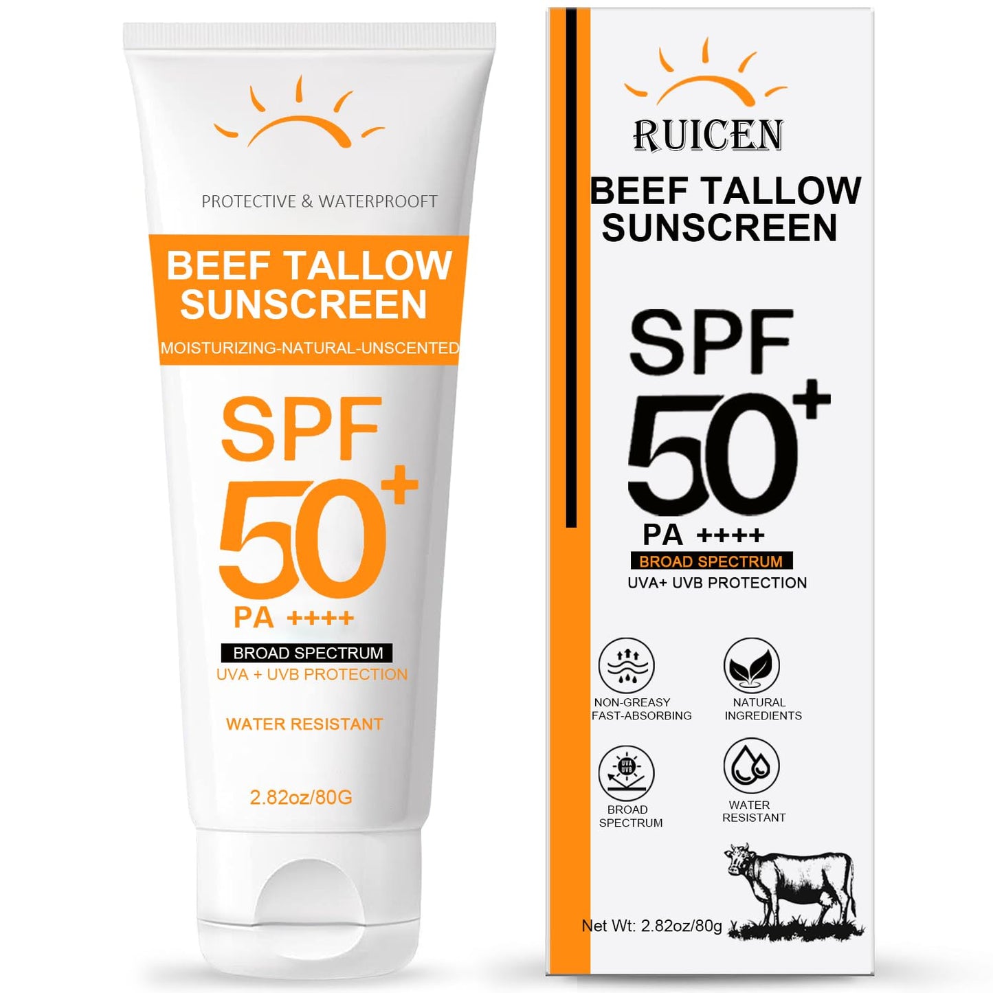 Beef Tallow Sunscreen with Zinc Oxide: Mineral Sunscreen SPF 50, Organic Natural Sun screen-Non Greasy Formula, No White Cast, Beef Tallow Sunblock for Sensitive Skin- Water-Resistant-2.82 oz (80g)