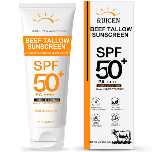 Beef Tallow Sunscreen with Zinc Oxide: Mineral Sunscreen SPF 50, Organic Natural Sun screen-Non Greasy Formula, No White Cast, Beef Tallow Sunblock for Sensitive Skin- Water-Resistant-2.82 oz (80g)